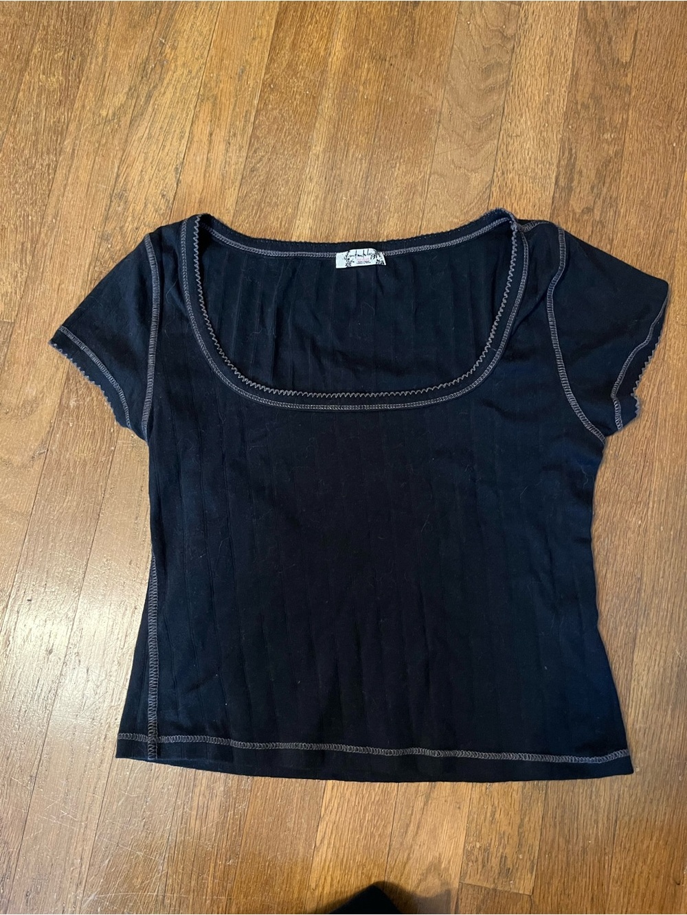Free People Black Scoop Neck Short Sleeve Tee with Contrast Stitching